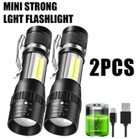 Powerful Mini LED Flashlight Pen Clip Zoom Torch Built in Battery USB Rechargeable Lantern with Side Light Outdoor Camping Lamp