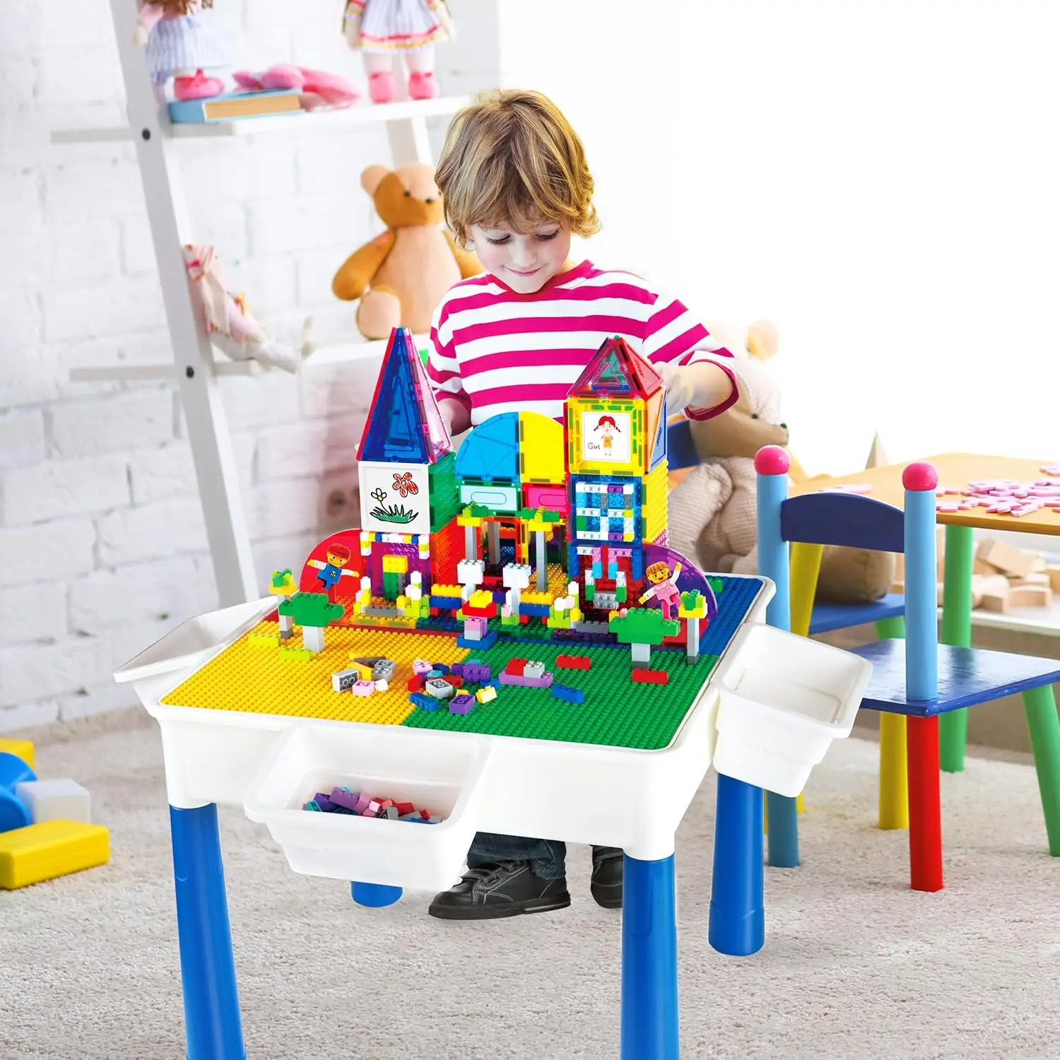 طوب وبلاط مغناطيسي للأطفال ، تظاهر باللعب ، تعلم بطوب قابل للعكس ، سبورة بيضاء ، شارع الطاولة ، مونتيسوري ،