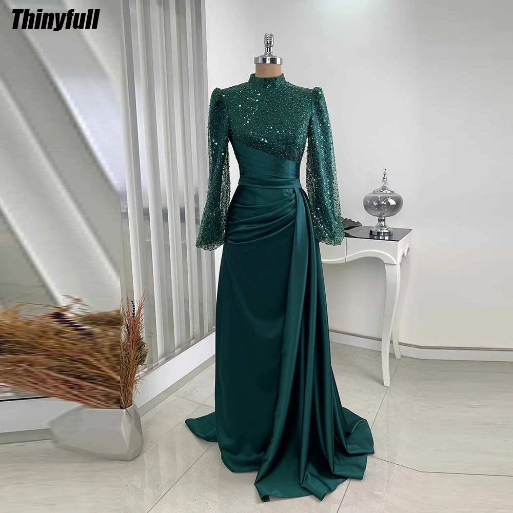 Thinyfull Muslim Mermaid Prom Dresses High-neck Long Sleeves Engagement Gown Satin/Sequin Formal Occasion Dress Customized