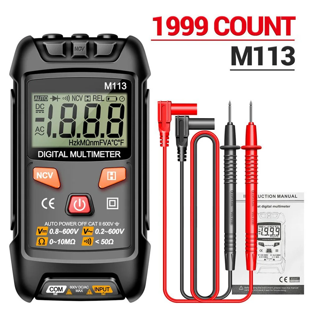 M113 Auto-Range Digital Multimeter AC/DC Voltage Tester 1999 Counts NCV Induction Handheld Multimeter With Test Probe Leads