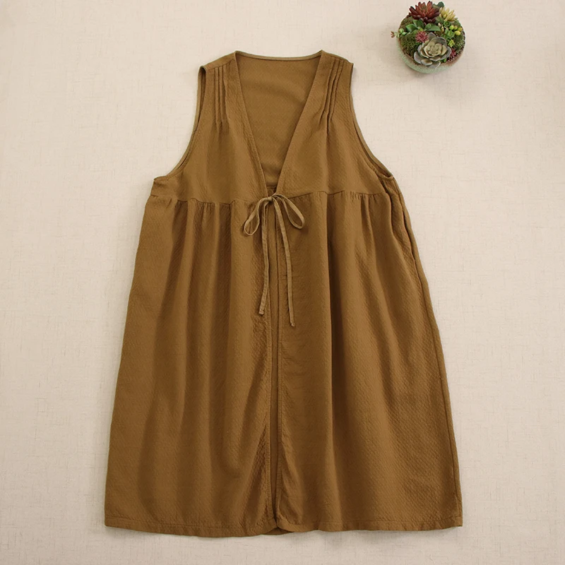 Japanese Mori Girl Solid Color V-neck Sleeveless Tank Dress Sundress Women Vintage Cover Up Casual Loose Vest Dresses