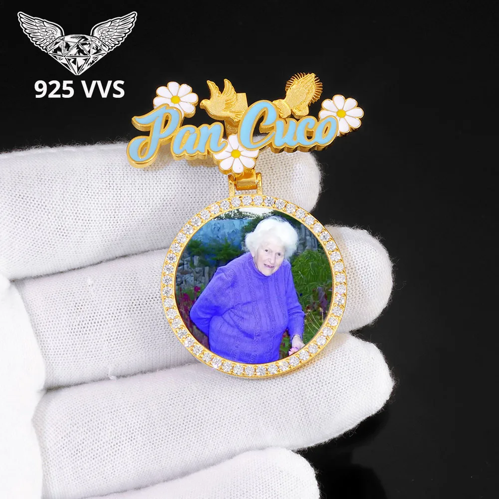 925 VVS 35 مللي متر الرجال النساء الذاكرة مويسانيتي صور قلادة الهيب هوب مجوهرات فضة VVS تخصيص اسم هوك وصورة #1