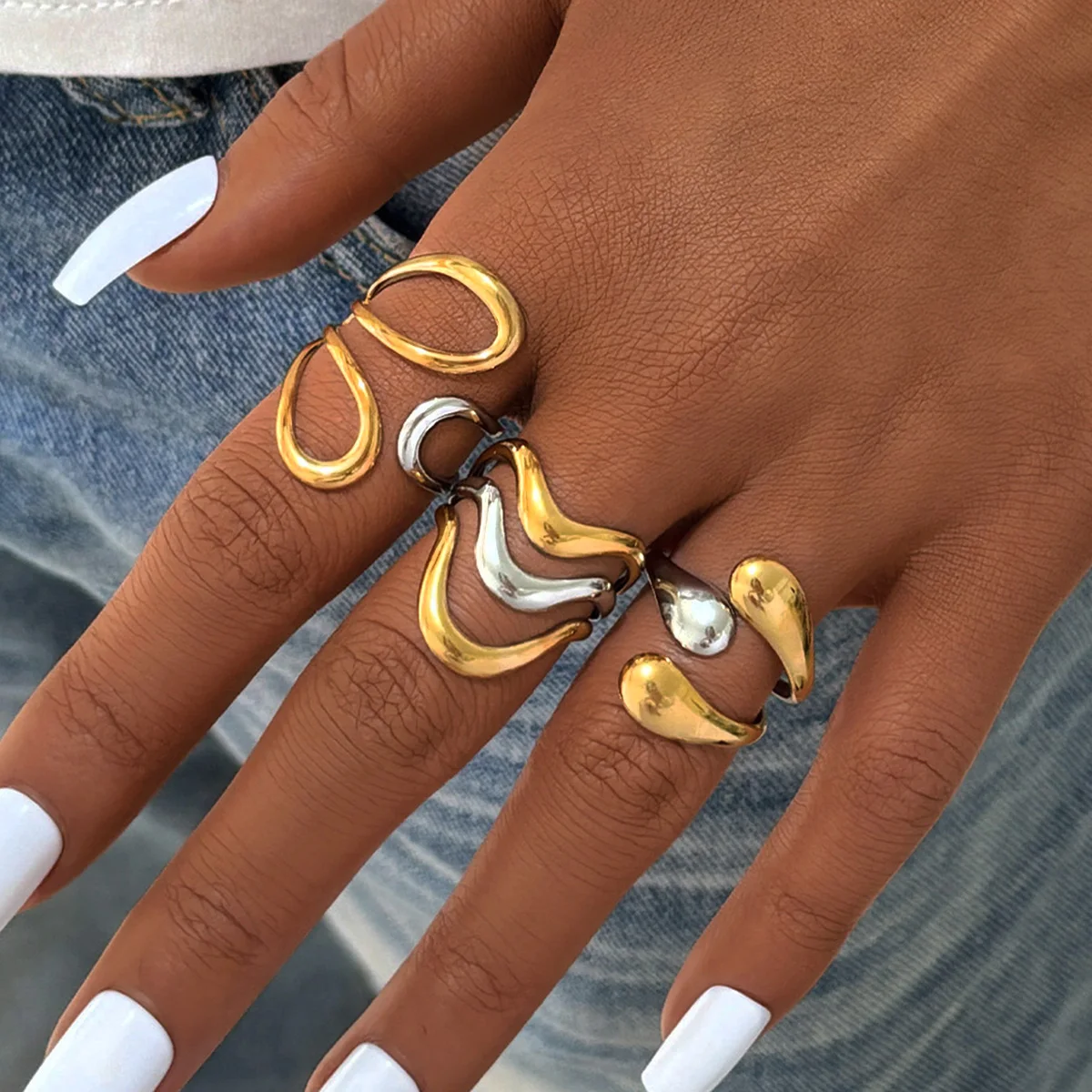 Two Tone Geometric Design Stainless Steel Ring Bracelet Jewelry Set 18K Gold Plated Waterproof Jewelry For Vacation Seaside Etc