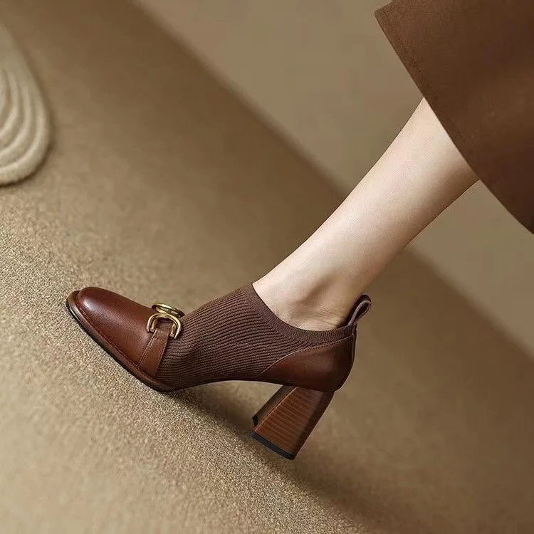 Spring and Autumn  Vintage Knitted Thin British Small Leather Shoes Square Toe Deep Mouth Block Heels Women Wholesale