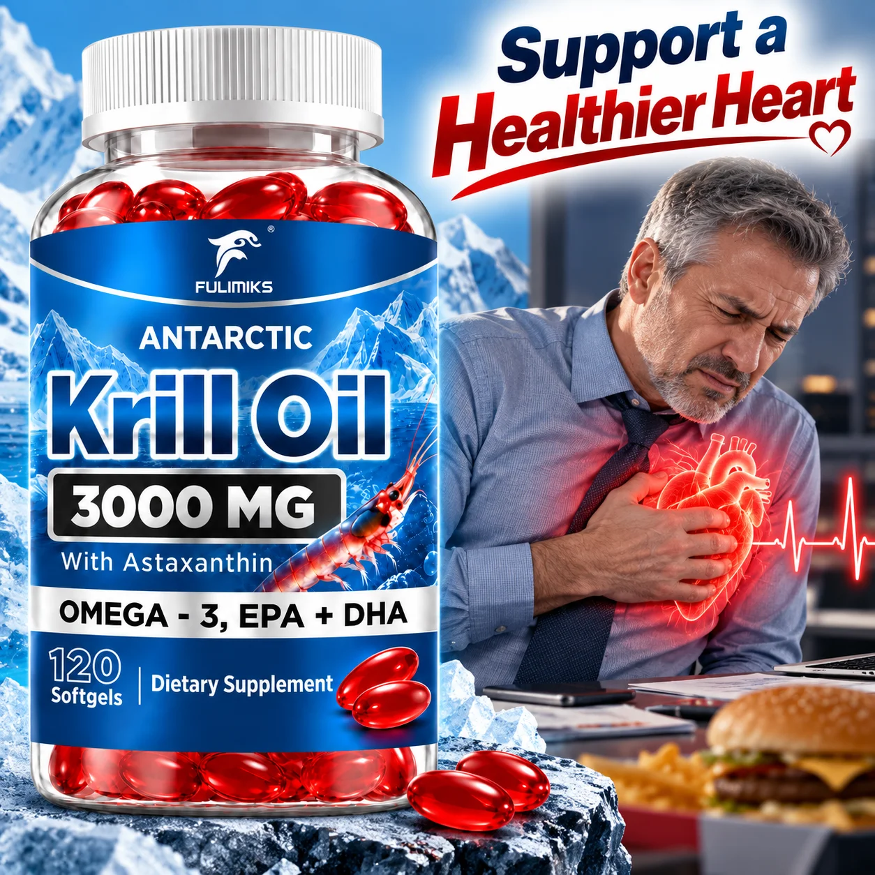 Antarctic Krill Oil Supplement, with Omega-3 EPA DHA & Astaxanthin, Antioxidant, Support Cardiovascular & Circulatory Health