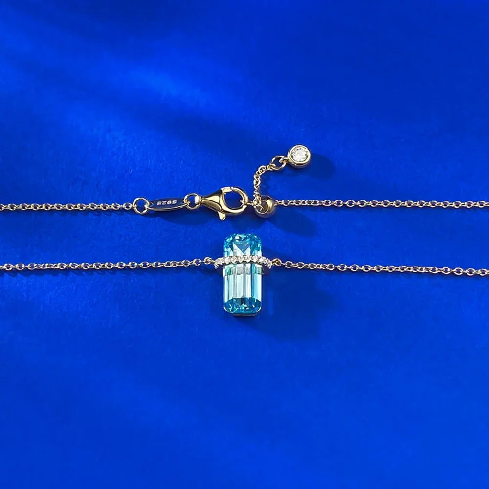 Yaranyan 925 Sterling Silver Emerald Cut 6.4 * 13.5 MM Blue Topaz High Carbon Diamonds Gemstone Pendant Necklace Fine Jewelry
