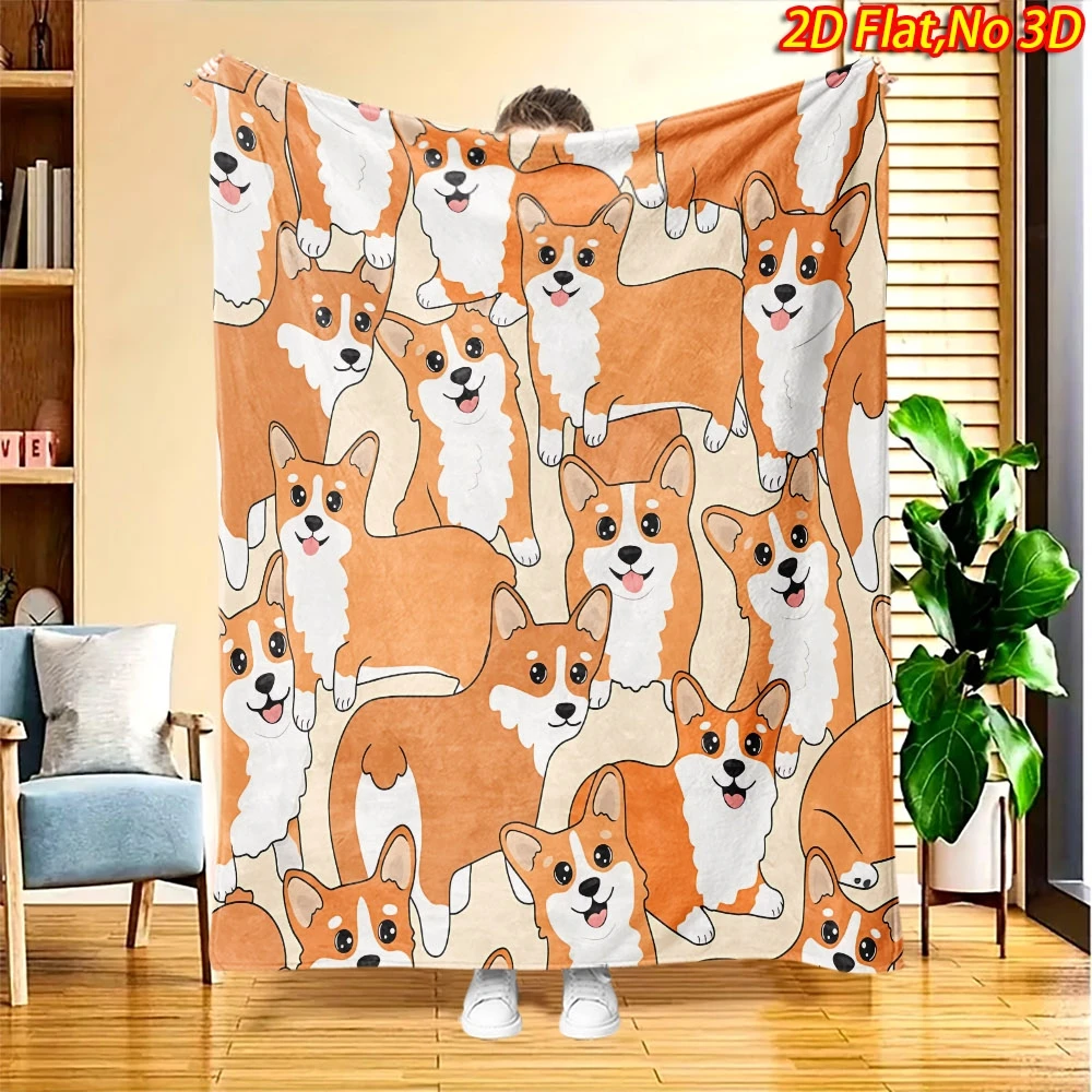 Cartoon Cute Corgi Dog Stacked Beige Base Print Flannel Throw Blanket Soft Warm Cover Sofa Bedroom Corgi Pet Lover Decor Gift