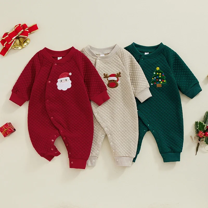 Baby Girls Boy Christmas Romper Long Sleeve Crewneck Elk/Christmas Tree/Santa Claus Embroidery Playsuit Jumpsuit Newborn Clothes