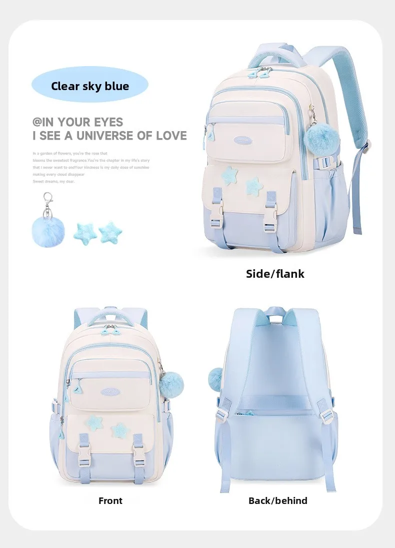 Primary Middle School Backpack for Girls Cute Backpack for School Pink School Bag for Teen Girls with Star Pins Furry Pendant