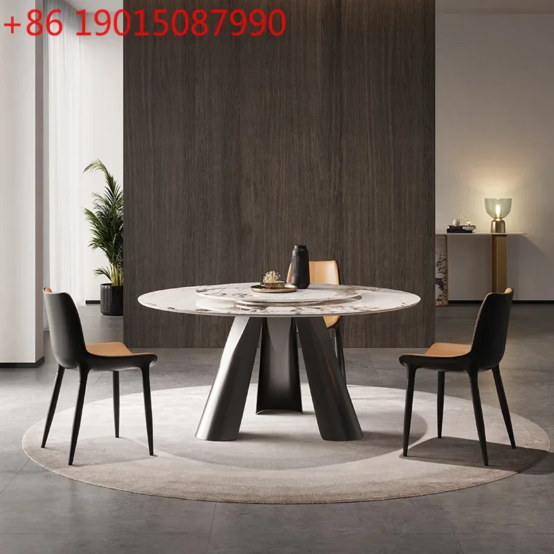 

Rock slab round table, Italian minimalist household dining table round with turntable dining table and chair combination