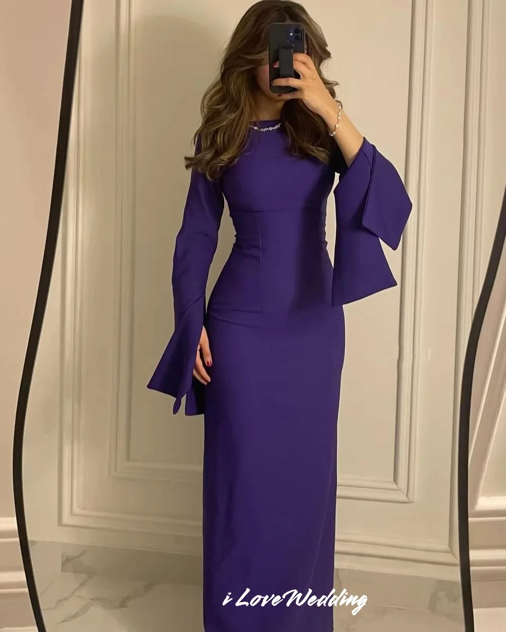 

Purple O-Neck Evening Dresses 2025 Satin Long Sleeve Mermaid Floor Length Prom Dress Pleated Wedding Party Dresses Customized