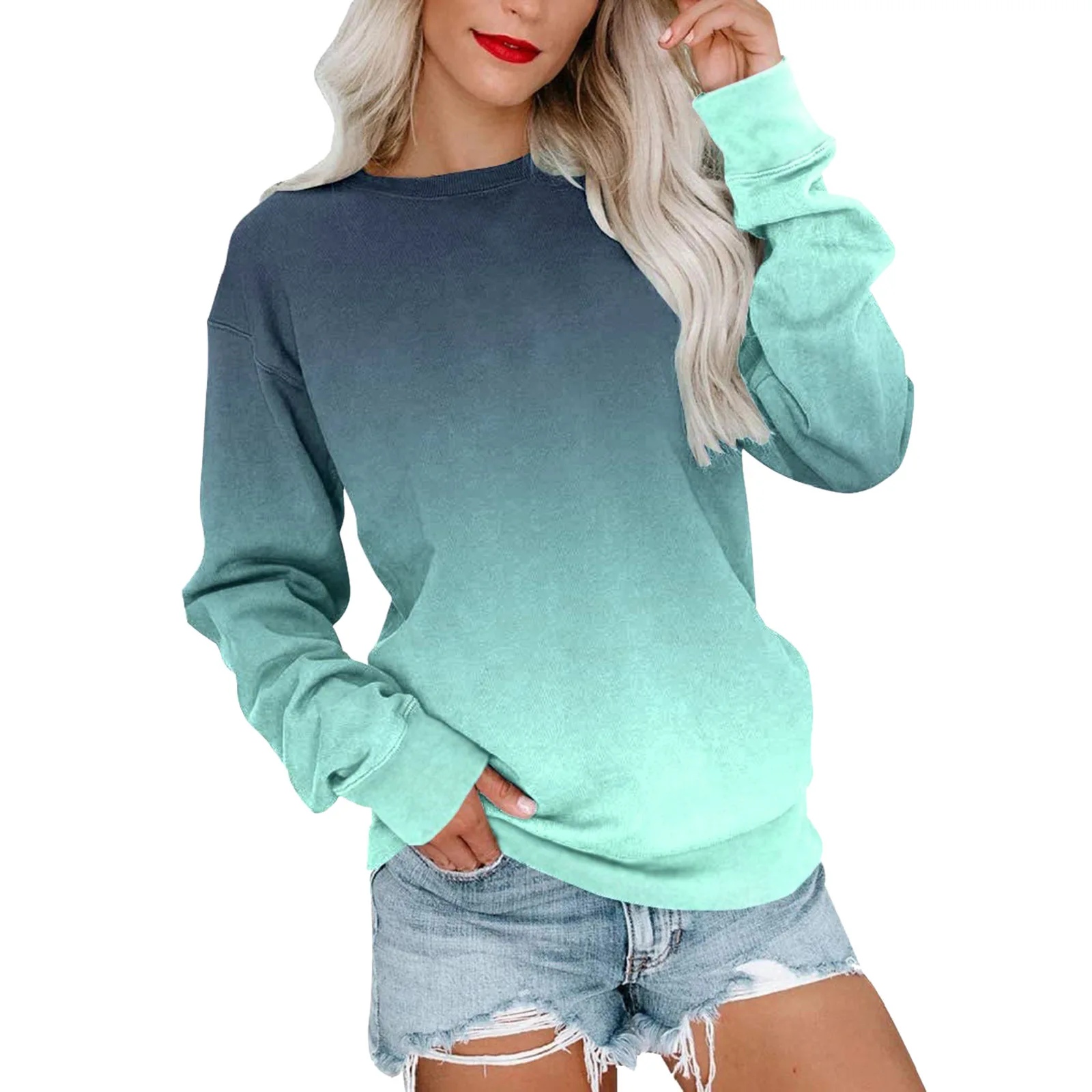 Winter Solid Color 3D Printed Women's Casual Round Neck Gradient Sweater