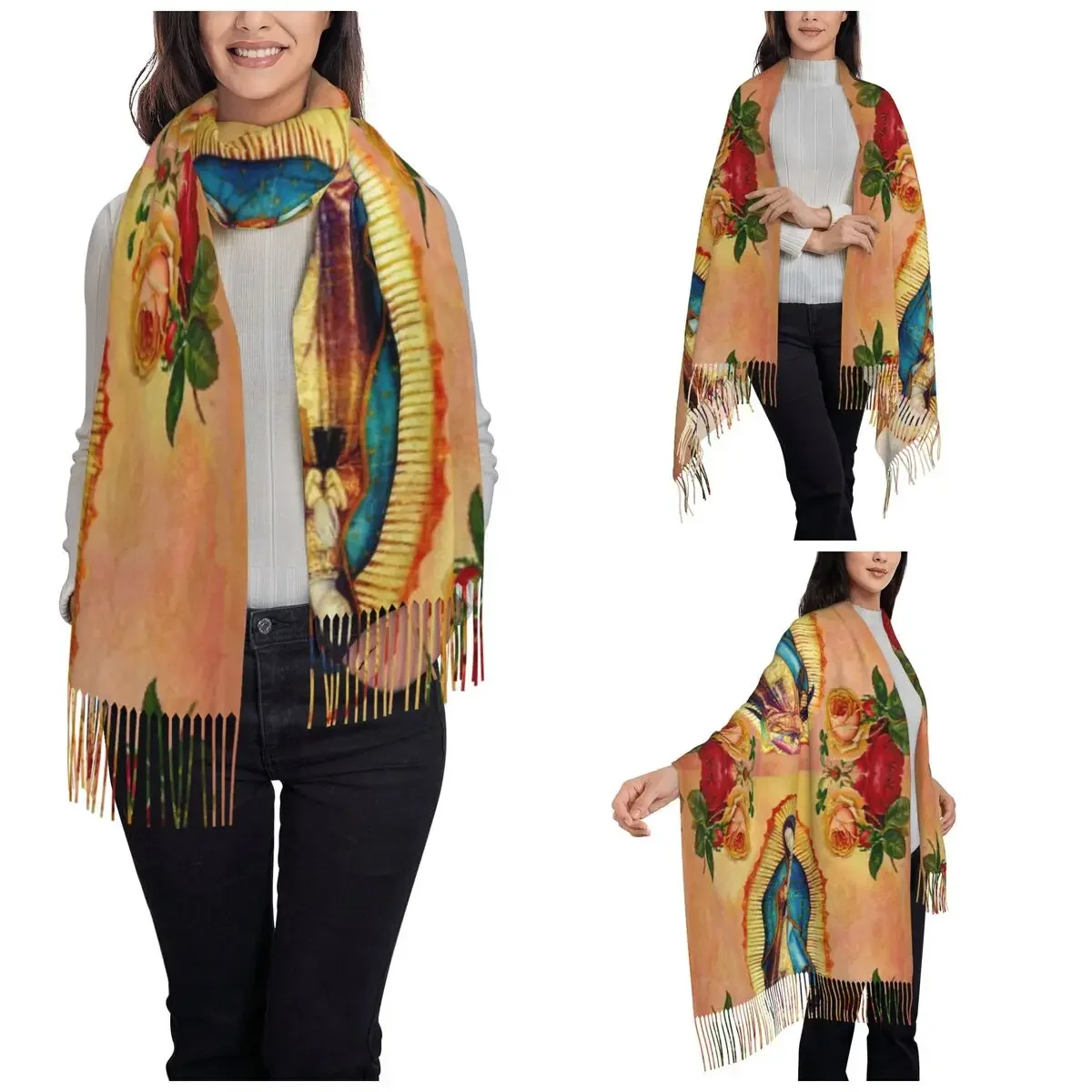 Womens Tassel Scarf Our Lady Of Guadalupe Virgin Mary Roses Long Soft Warm Shawl Wrap Reversible Cashmere Scarf