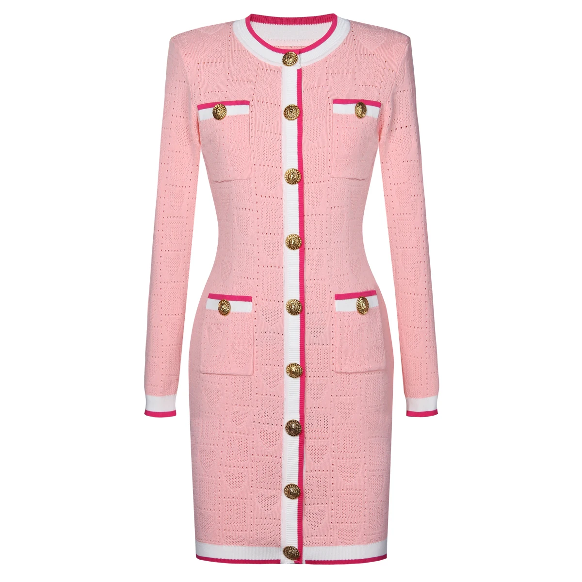 

Two Color Fashion Brand New Hollow Out Heart Knitted Elastic Round Neck Long Sleeved Single Breasted Slim And Sexy Women's Dress
