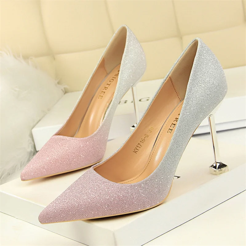 

Women New Fashion Pumps Shallow Mouth Mixed Colors Pointed Toe Elegant Simple Sequined Cloth Thin Heels Dress Single Shoes