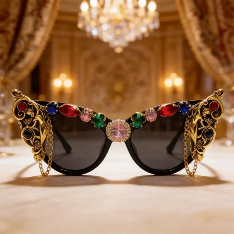 R7UF Bold statement sunglasses with stone browline fashion eyewear for party wear
