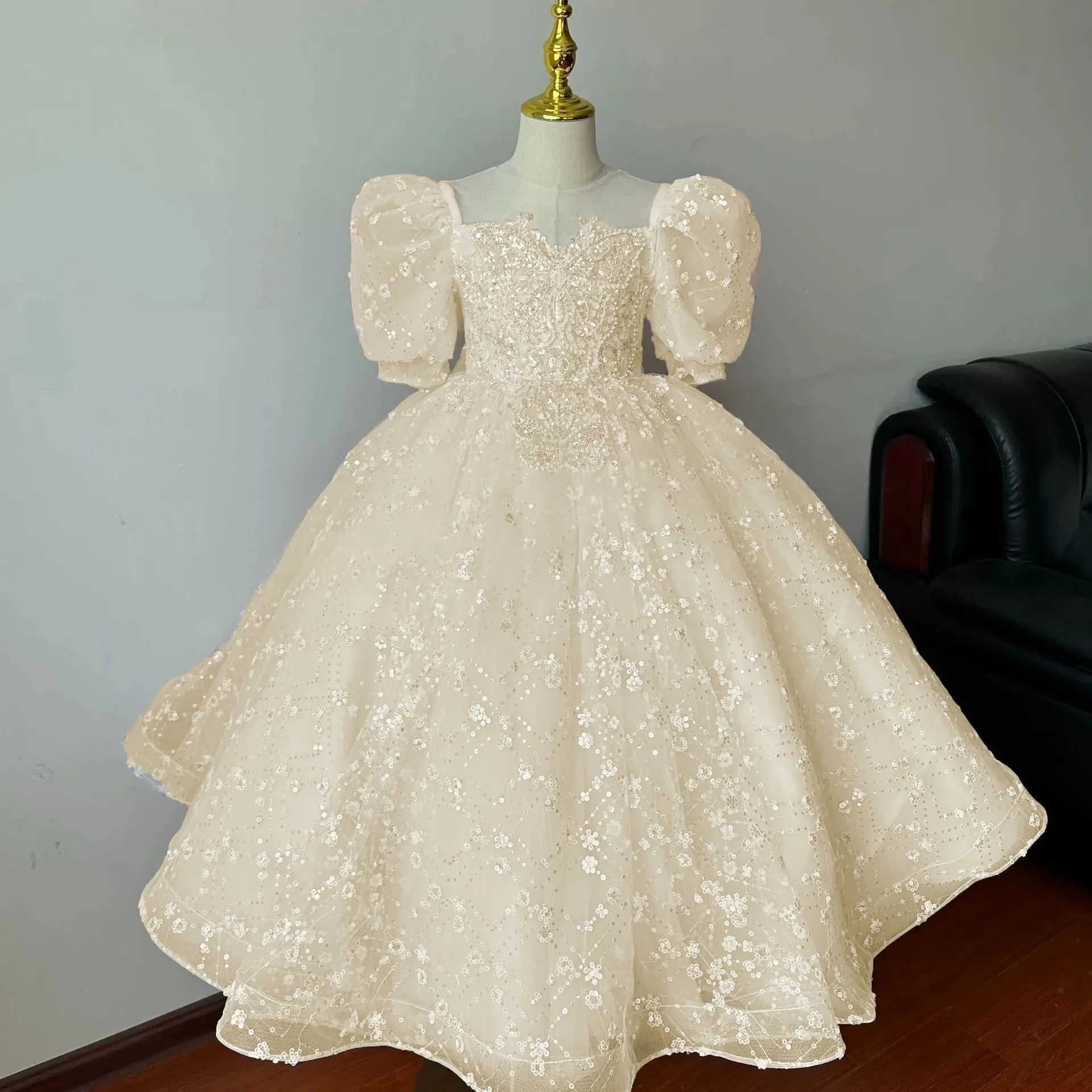 Abito da ragazza di fiori Abito da sposa Primo abito da festa di Natale Abito da cerimonia formale per bambini con paillettes e maniche a sbuffo Organza 