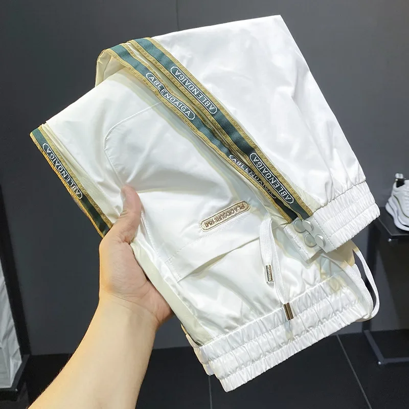 

Мужские повседневные брюки из ледяного шелка, ультратонкие дышащие, мягкие и эластичные модные брюки с завязками на щиколотке, укороченные спортивные штаны, лето