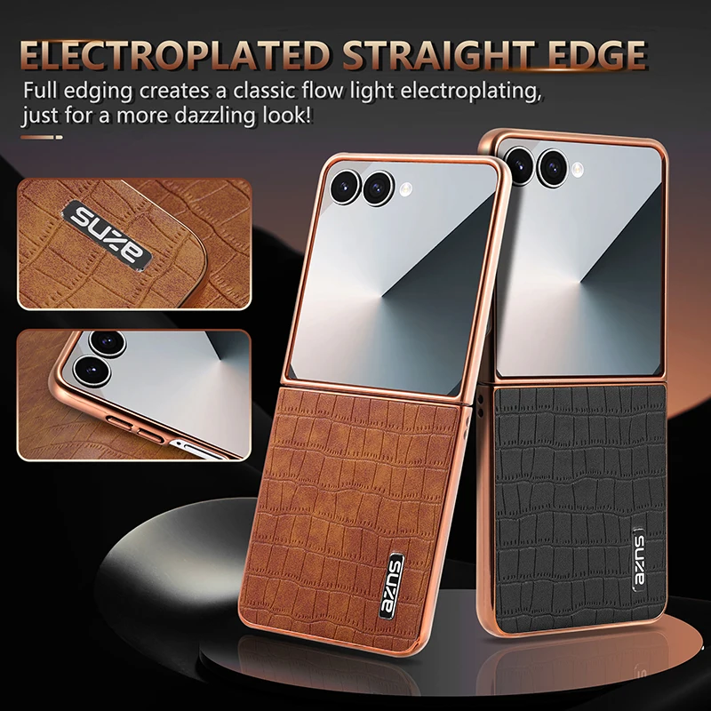 เคสหนังลายจระเข้ 3 มิติ หรูหรา AZNS สำหรับ Galaxy Z Flip 7 Flip 6 Flip 5 Flip 4 Flip 7 FE พร้อมขอบกันกระแทกชุบ