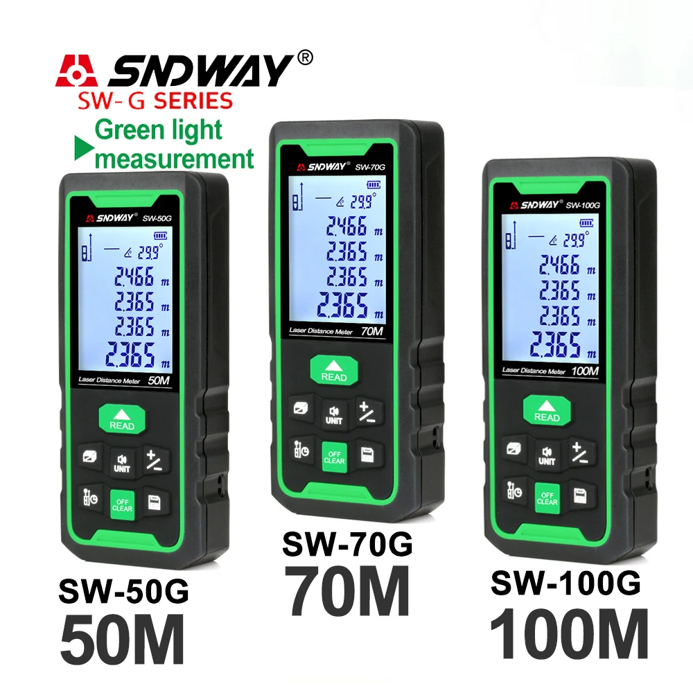 SNDWAY Laser distance meter Digital range finder 100m 70m 50m Rangefinder Trena lazer Green light measurement SW-50G/70G/ 100G