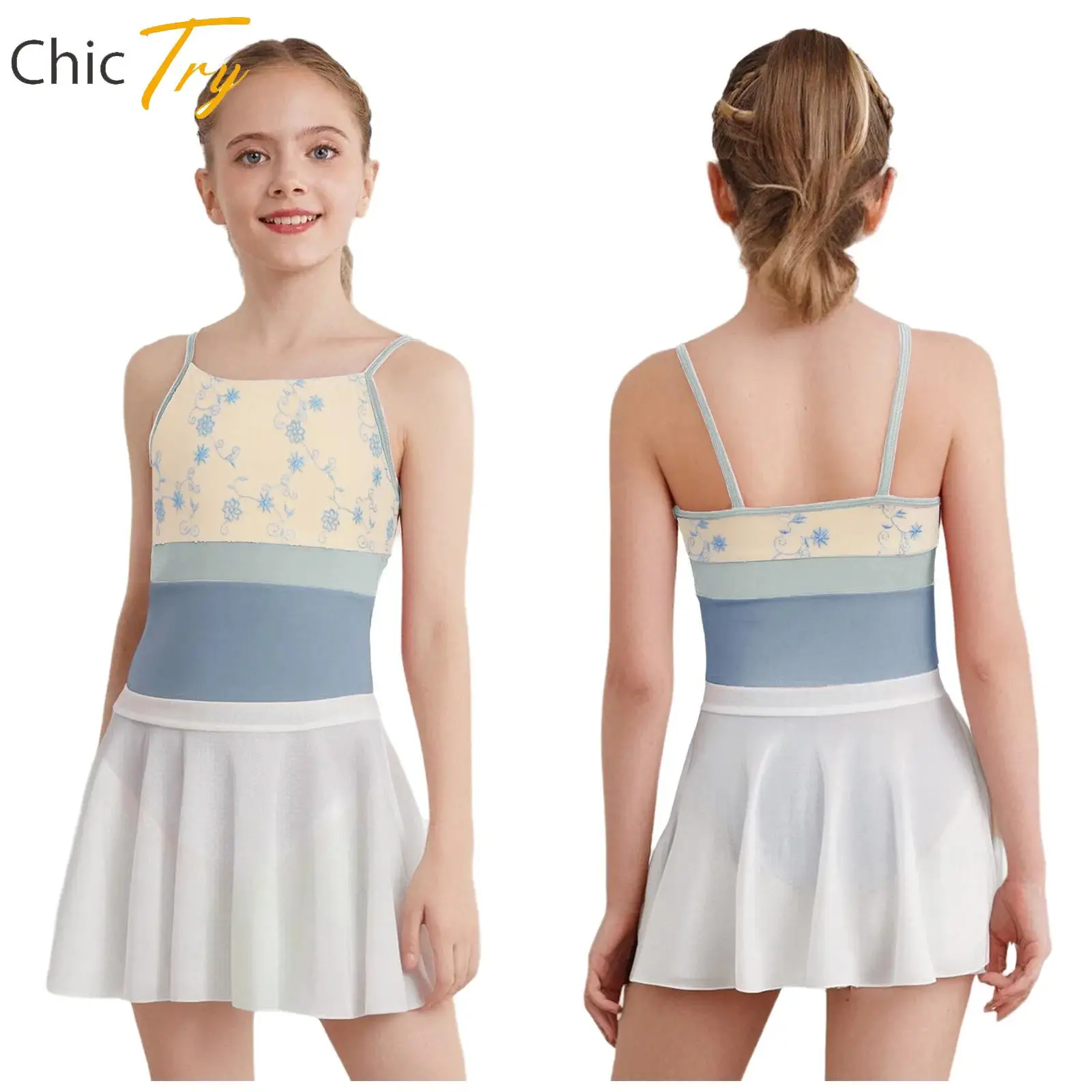 

Kid Girl Ballet Lyrical Modern Dance Outfits Clothes Set Sleeveless Floral Embroidery Leotard with Skirt Ballerina Stage Costume