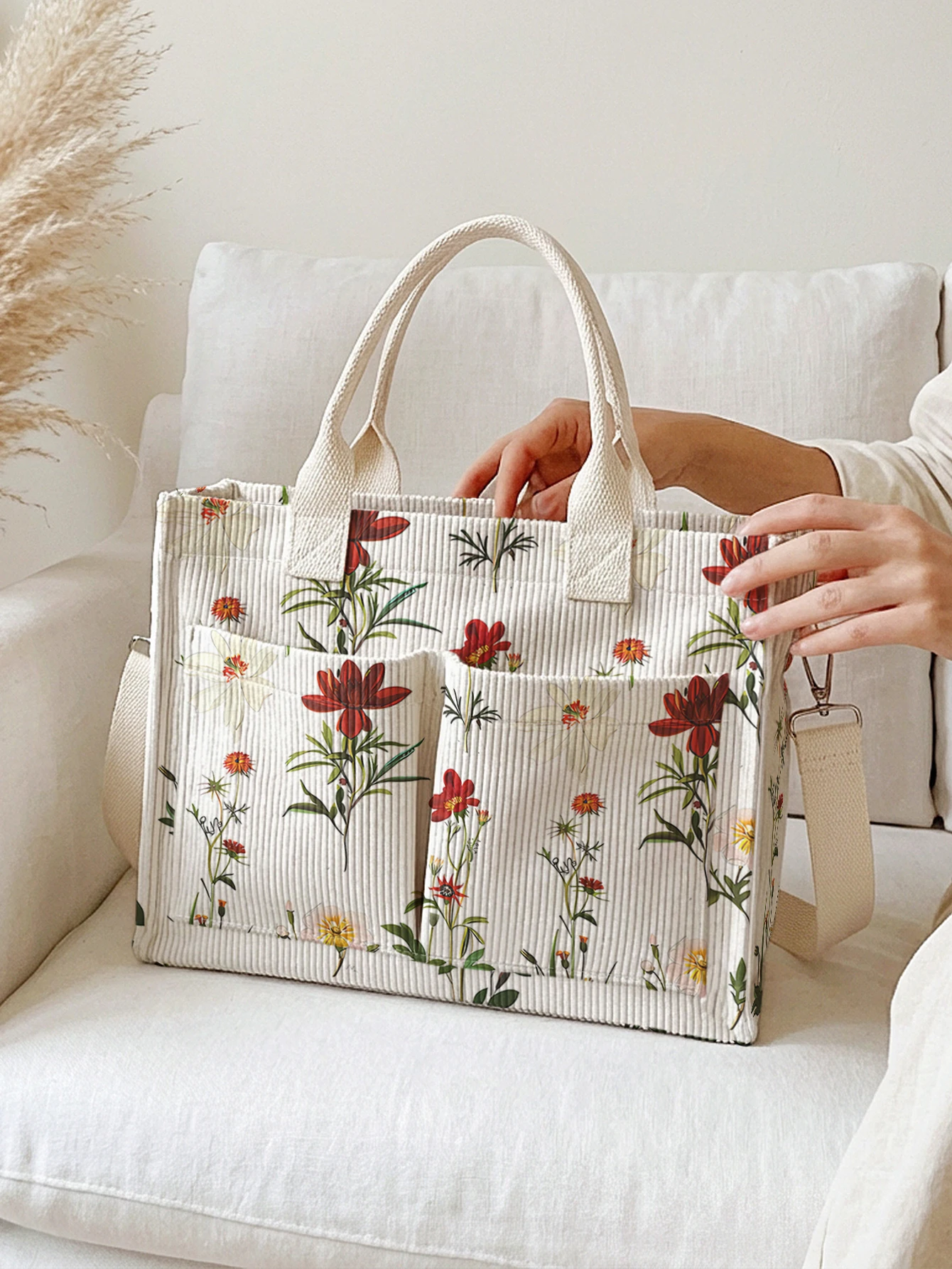 Vintage Botanical Wildflower Print Corduroy Tote Bag Large Capacity Multi Pocket Nature Lover Commuter Shoulder Bag view 5