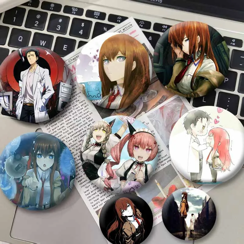 Science Fiction Anime Steins Gate Round Brooch Zero Okabe Kurisu Cartoon Lapel Pins Backpack Clothes Hat Jewelry Badge Toys Gift