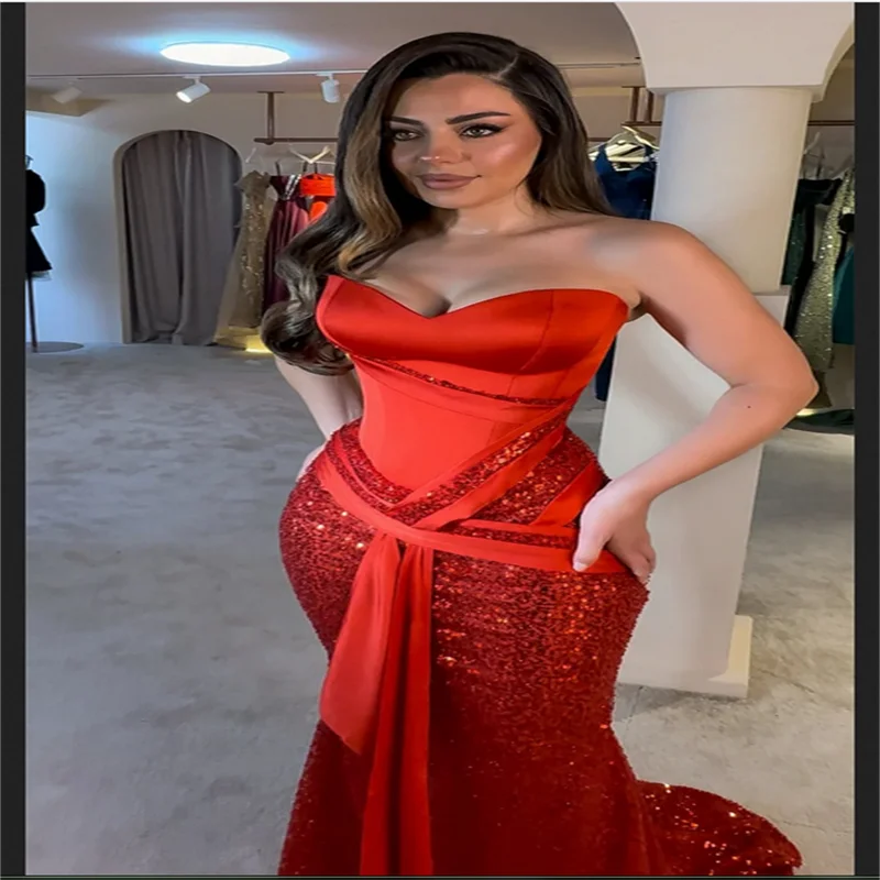 Vestidos de fiesta de lentejuelas brillantes de sirena roja personalizados, vestidos de novia sin mangas con cuello en forma de corazón, vestidos de novia hasta el suelo, noche Formal