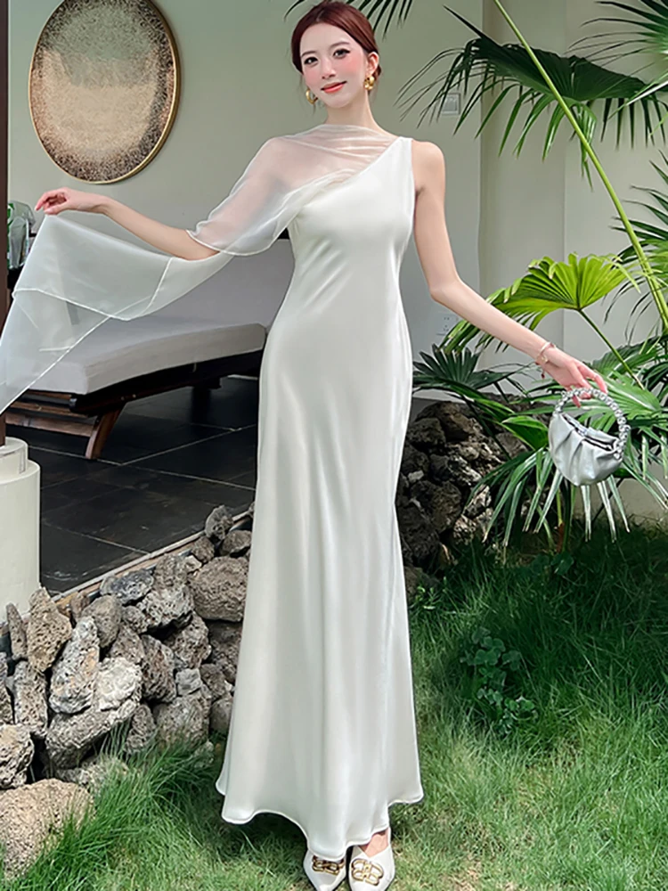 

Women Long One-piece Dress Gown Summer White Satin Patchwork Mesh Diagonal Collar Dress 2026 Korean Elegant Luxury Evening Dress