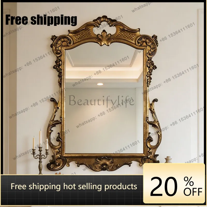 LD European retro carved fireplace mirror court style wall hanging hall light luxury decorative makeup mirror