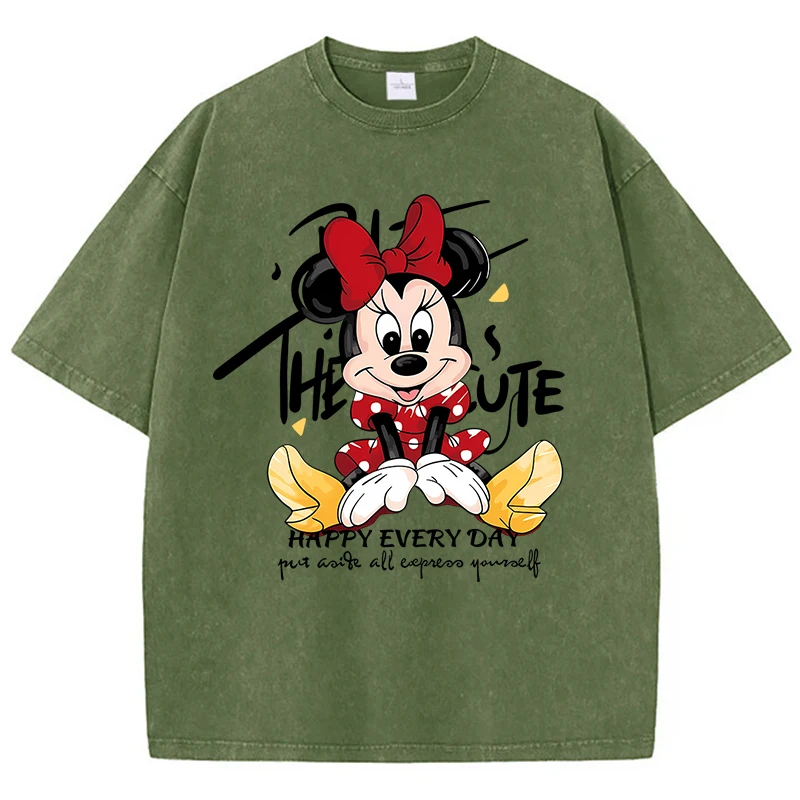 Disney Minnie Mouse Happy Every Day T Shirts Women'S Summer American Retro Cotton Tees Normcore Medium Strecth Letter T Shirt