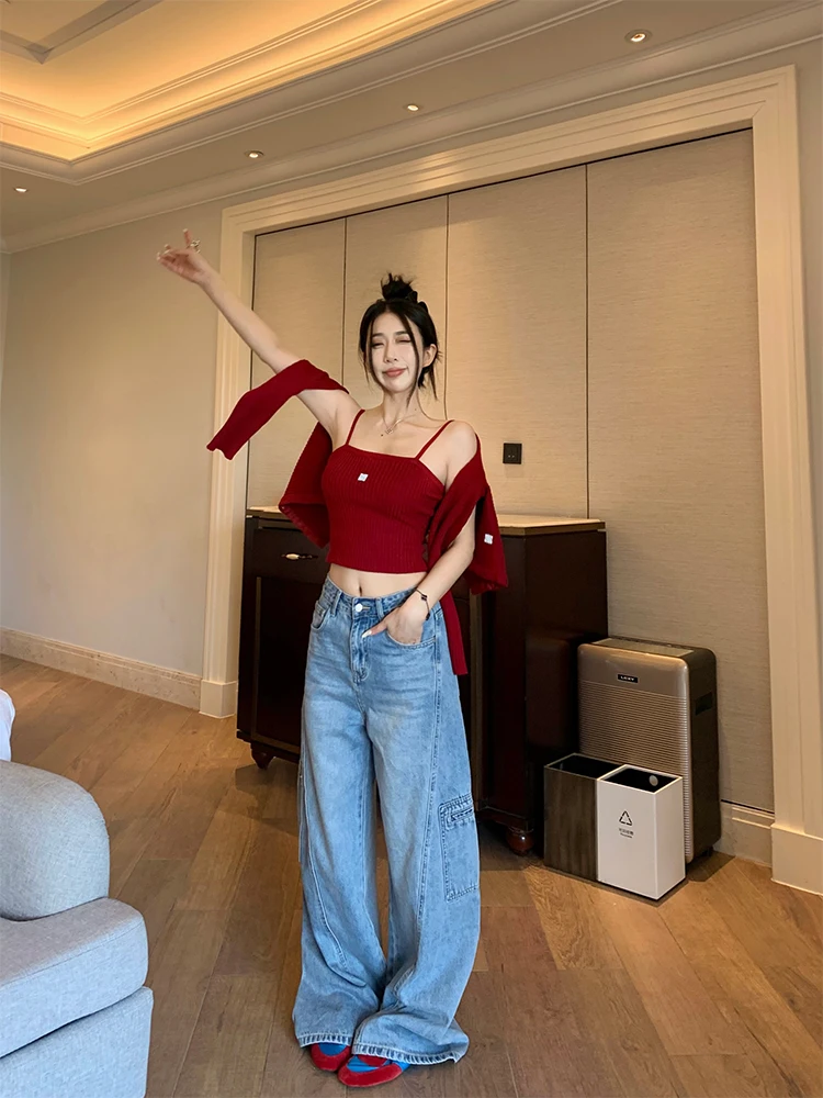 

Ранняя весна, джинсовые широкие брюки, женские дизайнерские простые джинсы с диагональю, прямые повседневные длинные брюки