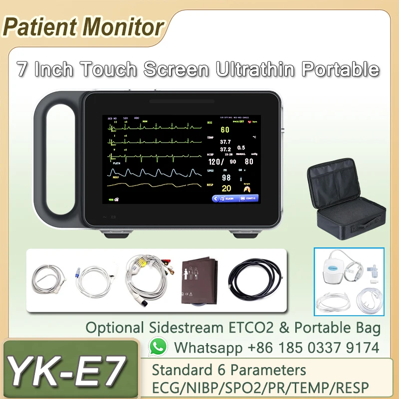 Monitor de signos vitales portátil ultrafino con pantalla táctil de 7 pulgadas, Monitor de paciente multiparámetro ECG/NIBP/SPO2/PR/RESP/TEMP