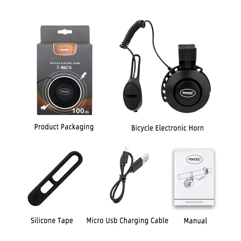 TWOOC Bicycle Electronic Horn Volume Adjustment 4 Kinds of Classic Cingtones Rechargeable 100dB Not Harsh Road Mountain Bike