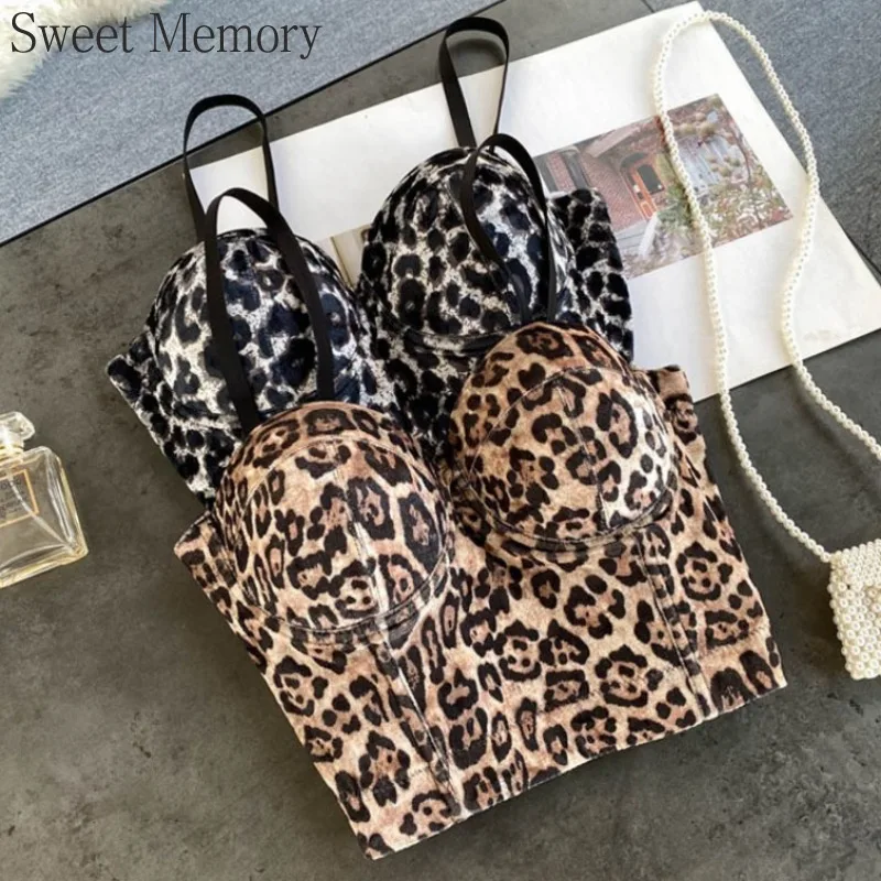 

Sweet Memory Women Sexy Leopard Print Velvet Short Bustier Crop Tops Outside Wearing Sleeveless High Waist Corset Camis
