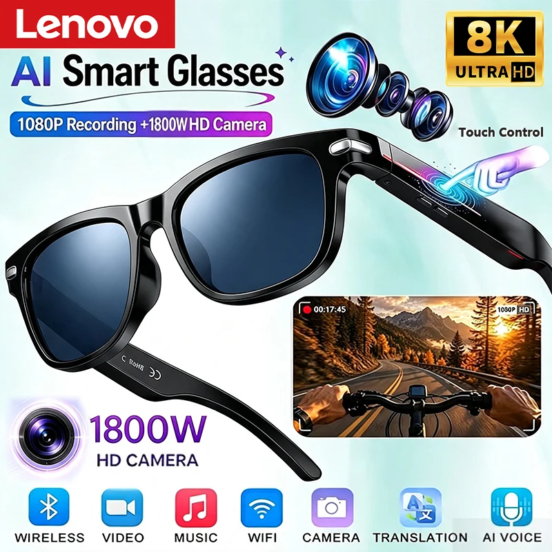 Lenovo AI Smart Glasses 8K Remote Control Touch Photo Camera Recording Listen To Music Translator Voice Assistant Smart Sunglass