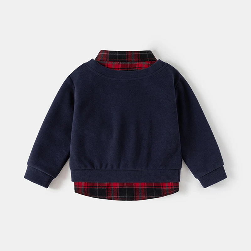 2026 Spring Children Clothes Hoodie Boys Preppy Style Fake Two-Piece Sweatshirt Plaid Collar Long Sleeve Embroidered Boys Top