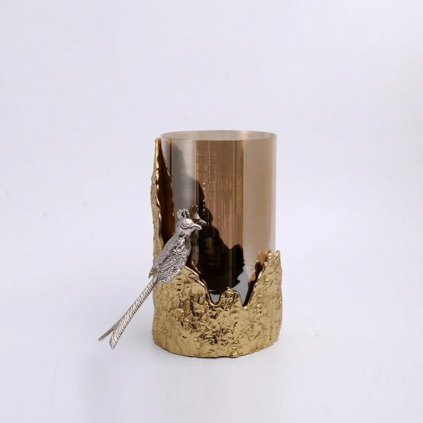 Glass Candle Holder with Bird Decorative Cylindrical Candle Holder Glass Cylindrical Glass Shade with Metal Base Reflective