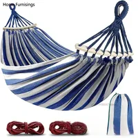 Canvas Hammock Anti-Roll Double Camping with Curved Wooden Poles Outdoor Swing Bed for Two
