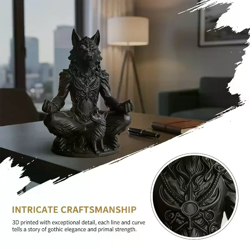 3D Printed Gothic Werewolf & Cub Meditation Statue Vintage Spooky Ornament for Entryway Shelf Housewarming Gift