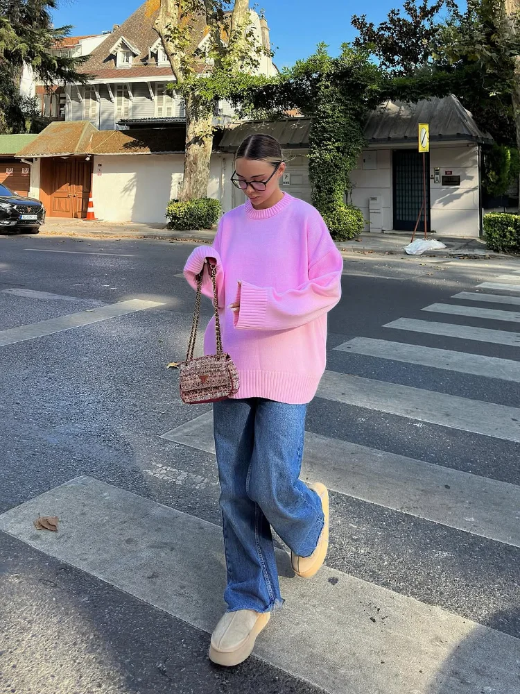 

Женский повседневный однотонный вязаный пуловер, свободный свитер с круглым вырезом и длинными рукавами, осень-зима 2024, женский повседневный уличный трикотаж для поездок на работу