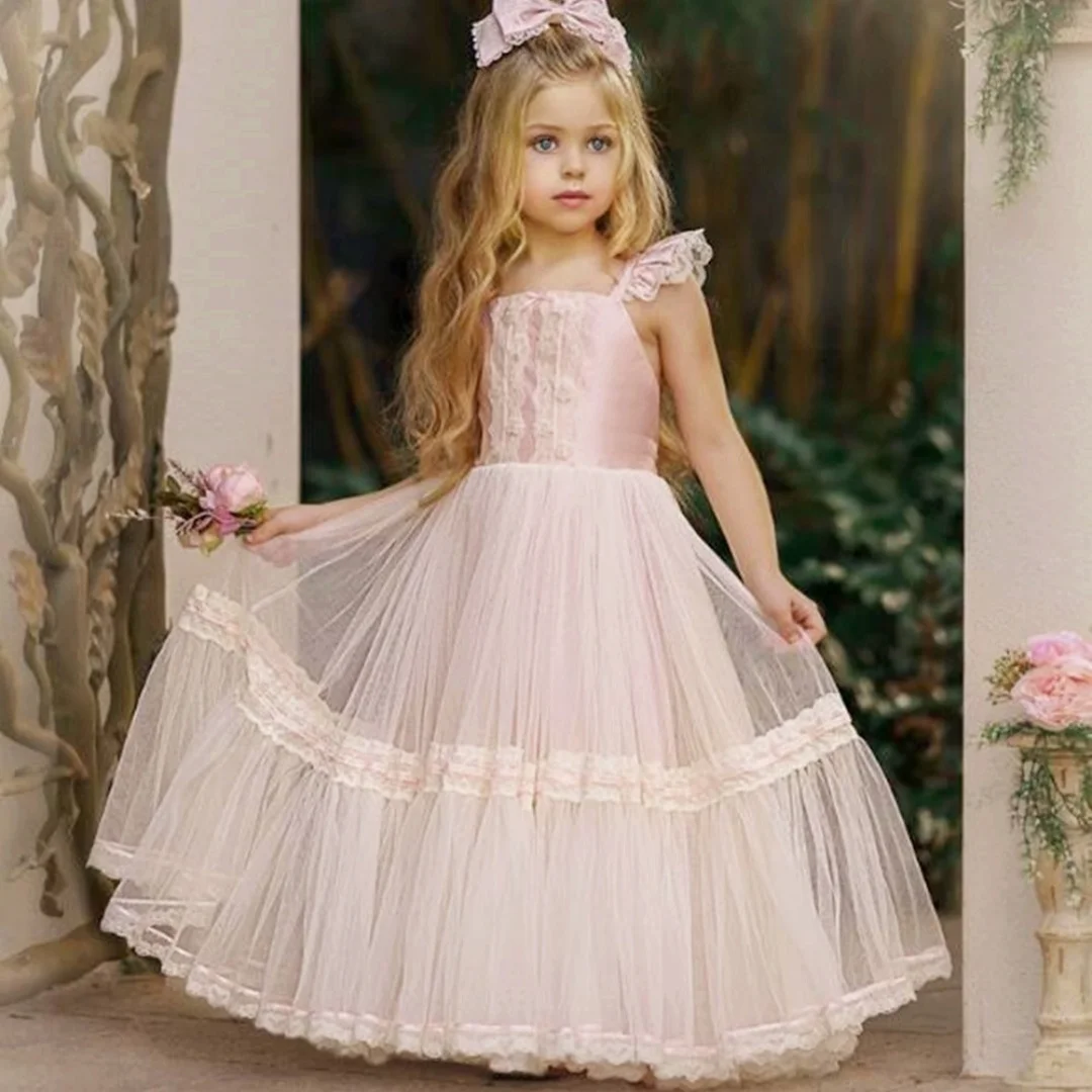 

Flower Girl Dress Children Prom Ball Gown Party Long Dress Sleeveless Bow Birthday Party Dress Communion Dresses