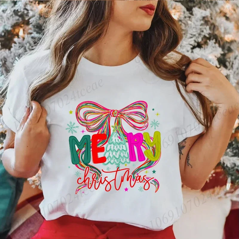

New in Merry Christmas Coquette Print Women Xmas T Shirt Funny Y2K Tops Tee Clothes Merry and Bright Female Casual Clothing