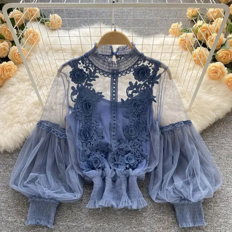 

Blouse Women Designer Style 3D Floral Patchwork Sheer Mesh Bell Sleeves Slim Fit Cropped Length Lace Undershirt New Comfortable