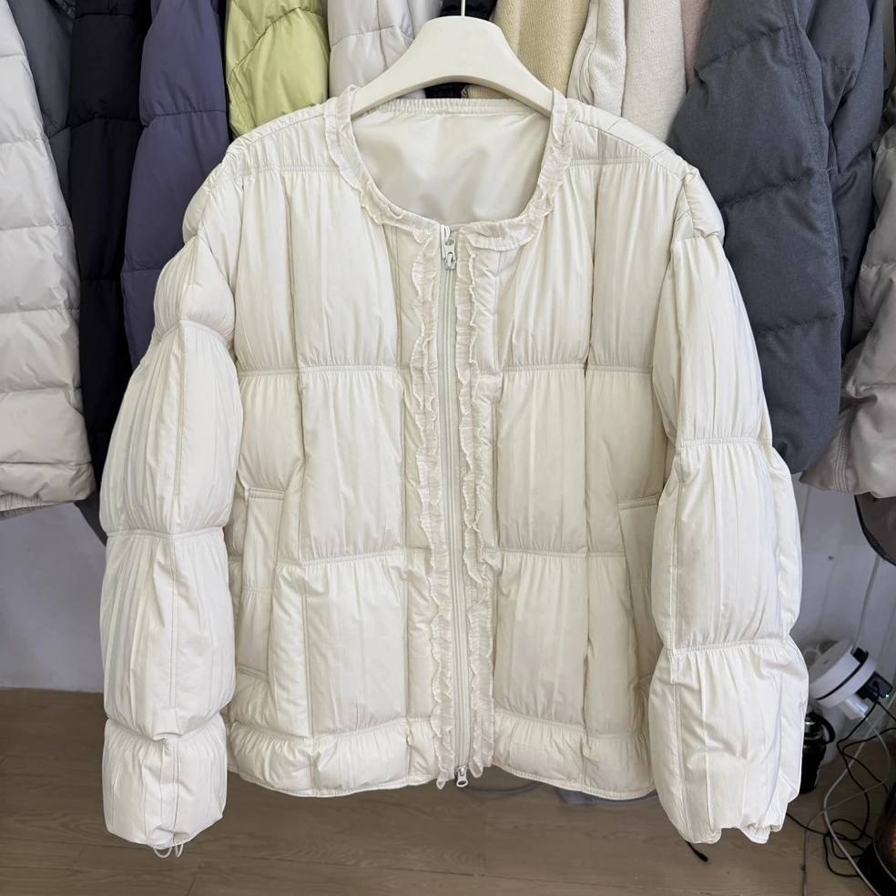 Women's Sweet O Neck Longs Leeve Loose White Duck Down Coat Lady Cute Ruffled O Neck Zip Up Thick Warm Down Outwear Top