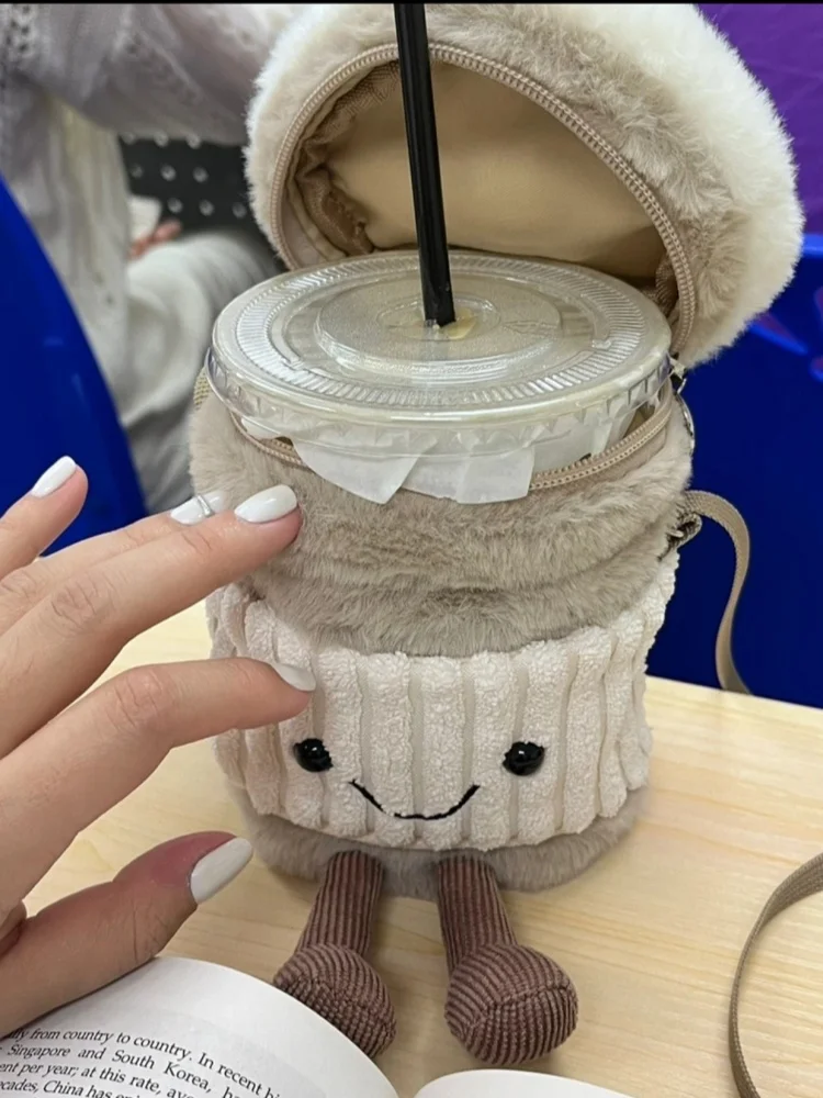 

Brand New Pink Beige Coffee Cup Bag, Fashionable Plush Toy Milk Tea Thermos Cup Cover, Portable Crossbody Bag Gift
