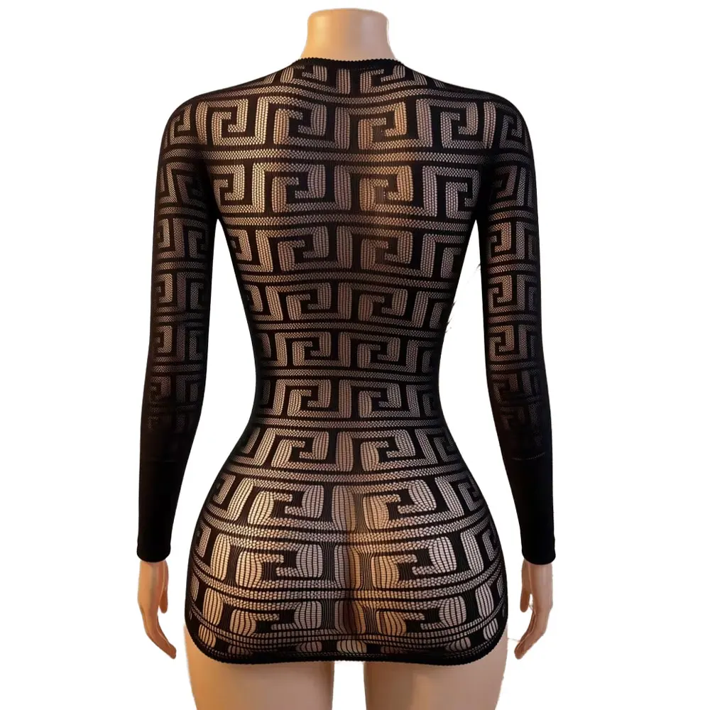 Sexy Sheer See Through Mesh Mini Dress for Women Geometric Print Long Sleeve Bodycon Nightclub Party Lingerie Outfit