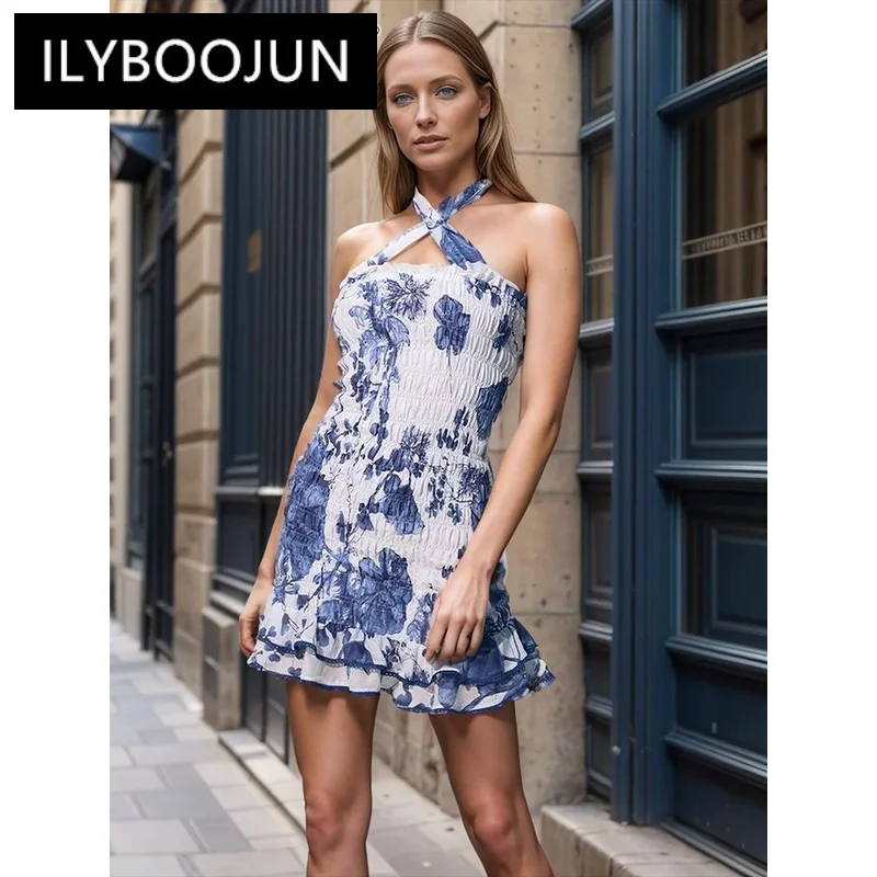 

ILYBOOJUN Elegant Colorblock Printing Dress For Women Halter Sleeveless High Waist Spliced Folds Sexy Mini Dresses Female New