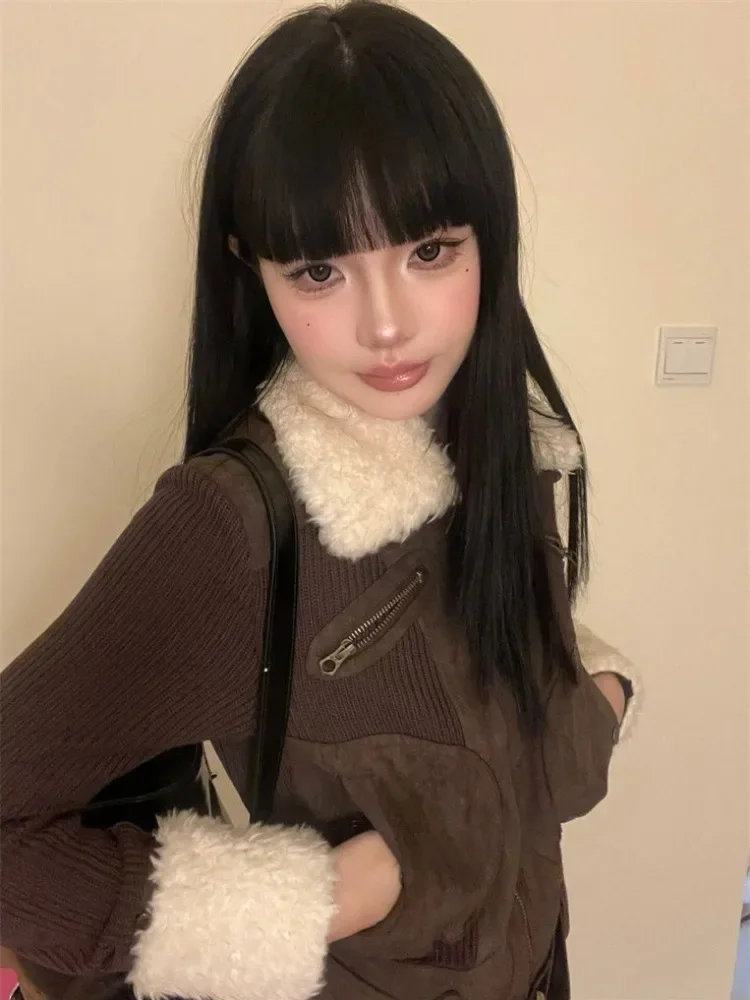 Japanese Y2k Fur Coat Women American Retro Brown Knitted Jacket Vintage Korean Style Zipper  Winter 2000s Aesthetics