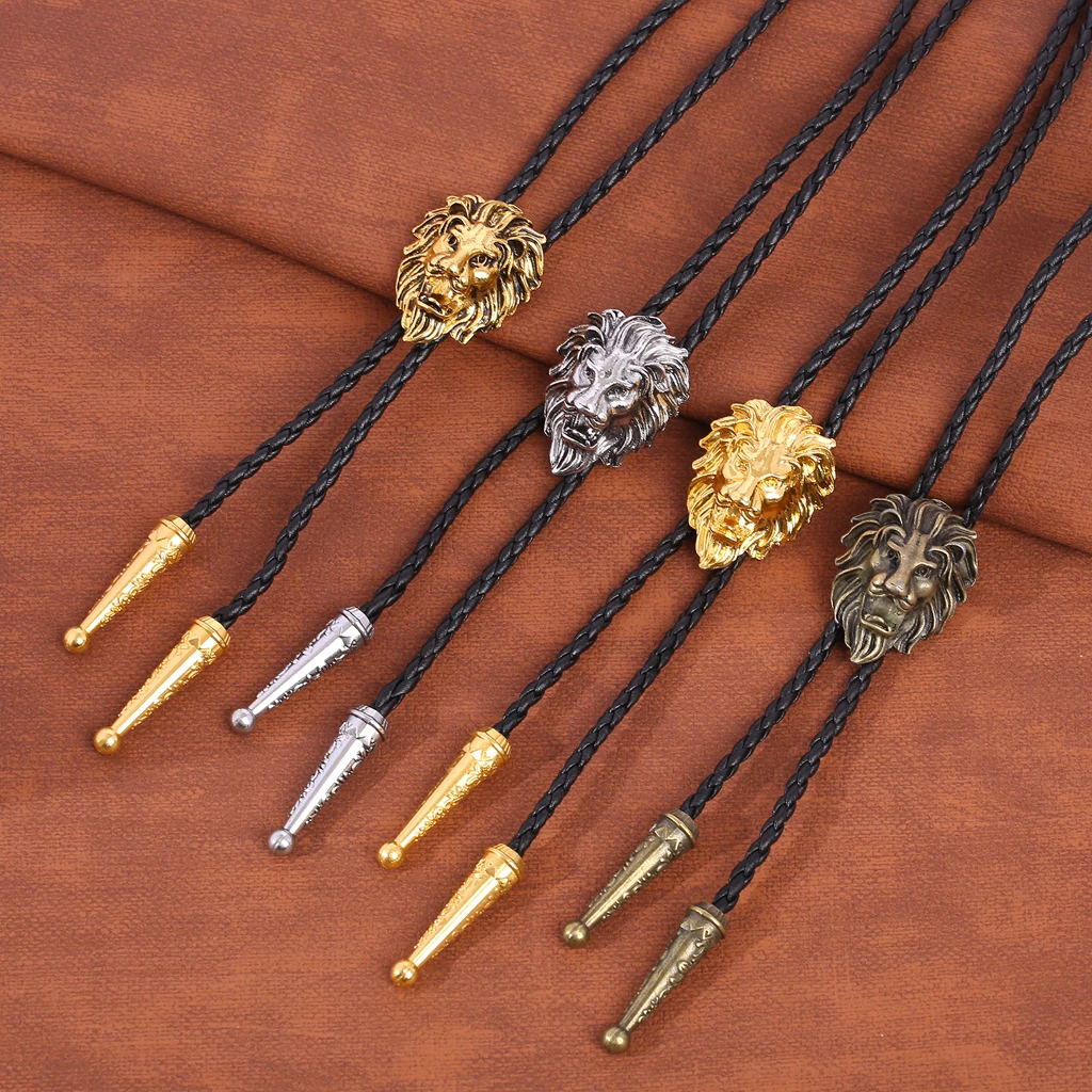 Retro fashion three-dimensional lion king bolo tie men's and women's leather rope necklace